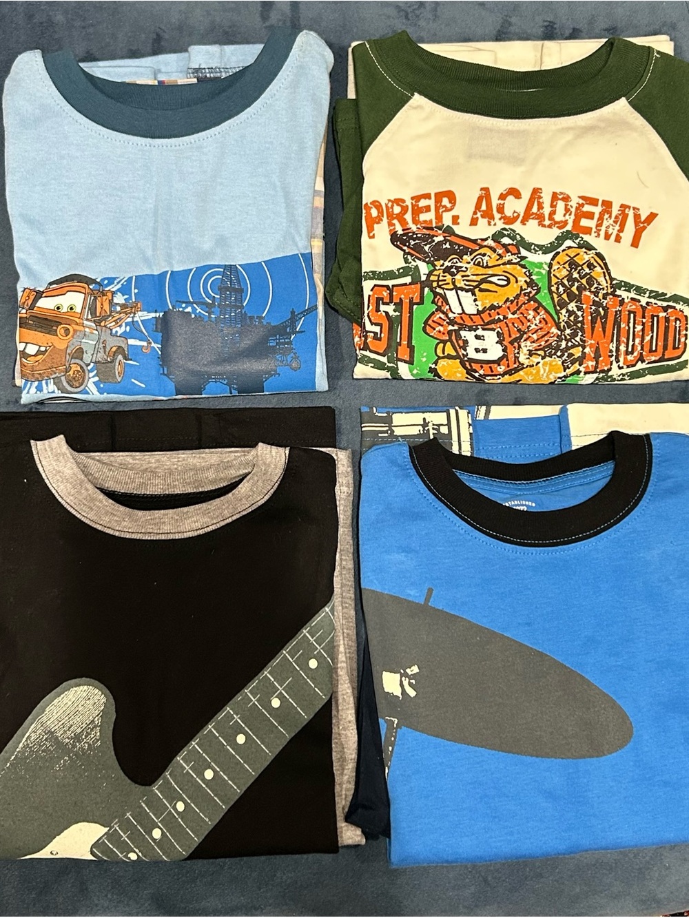 4 Sets of Kids Graphic Tee and Shorts - Blue, Light Blue, Green & Black Assorted